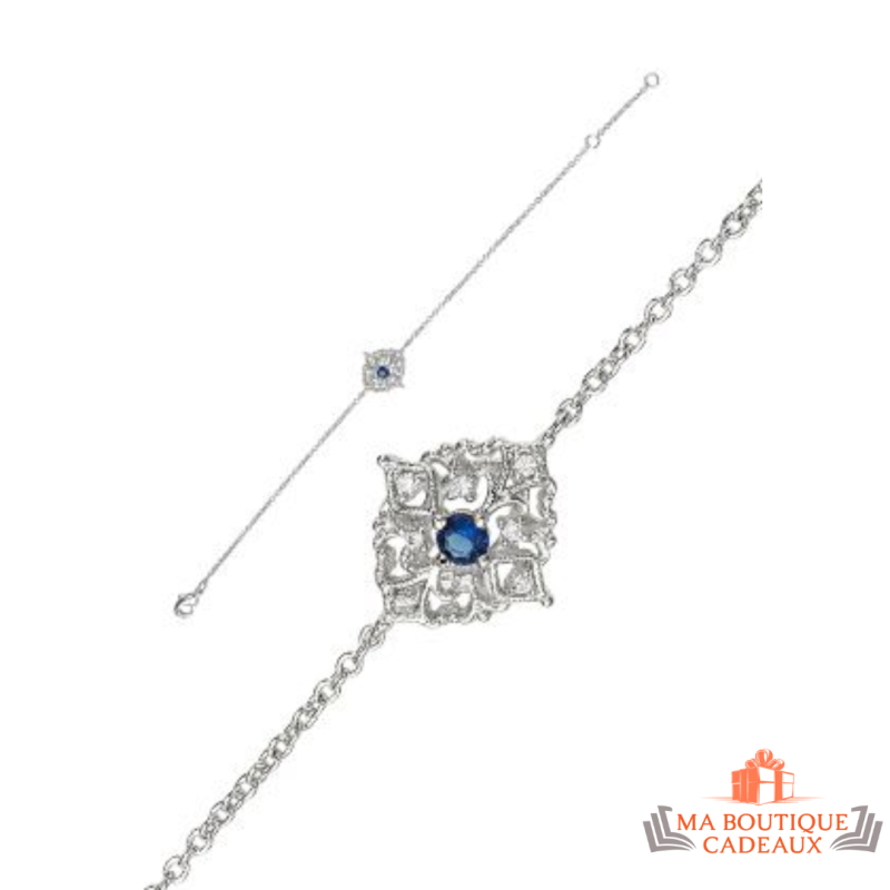 Bracelet Carla Nogueres motif rosace avec pierre bleue et oxyde de zirconium en argent 925/1000 avec garantie 2 ans.