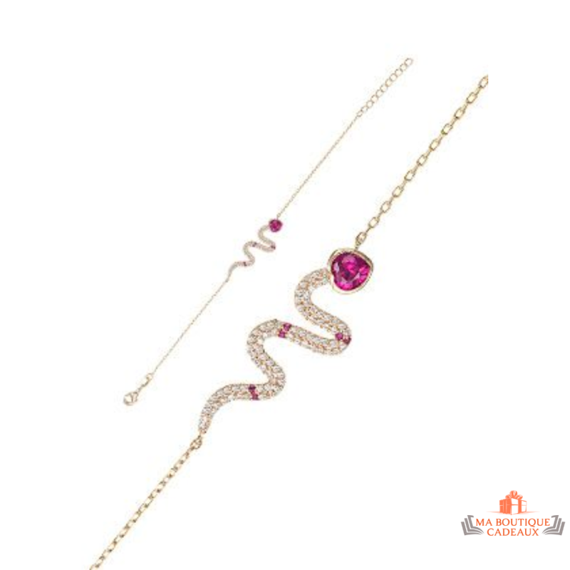 Bracelet en Plaqué Or Carla Nogueres - Serpent Élégant avec Tête en Pierre Rose
