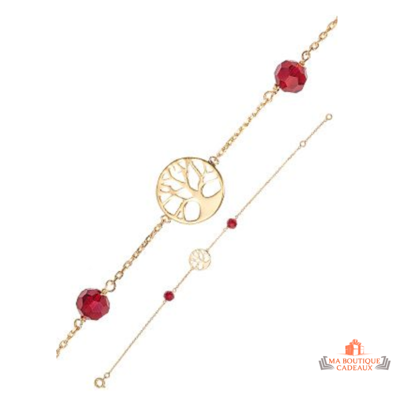 Bracelet en Plaqué Or Carla Nogueres - Arbre de Vie avec Pierres Rouges en Verre - Garantie 2 ans