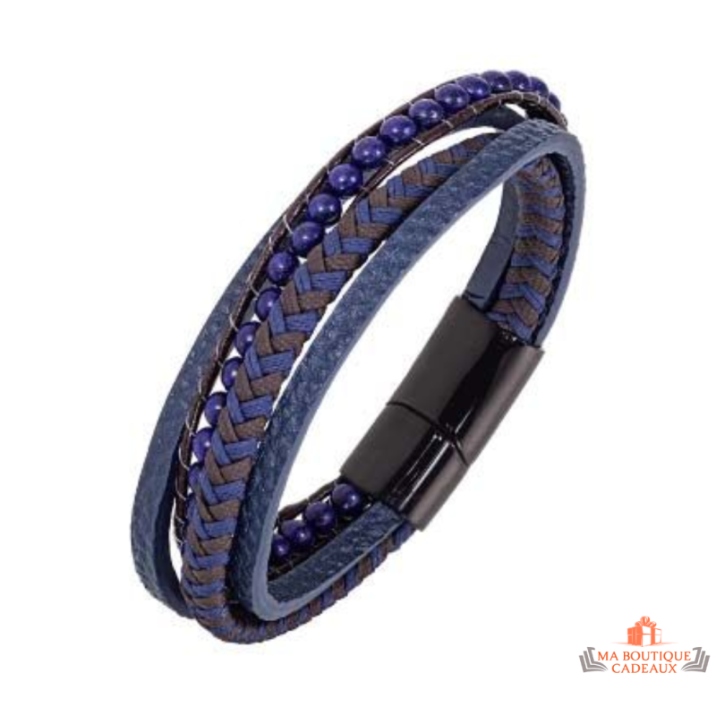 Bracelet Homme en Cuir avec Perles Bleues - Carla Nogueres, Garantie 2 ans