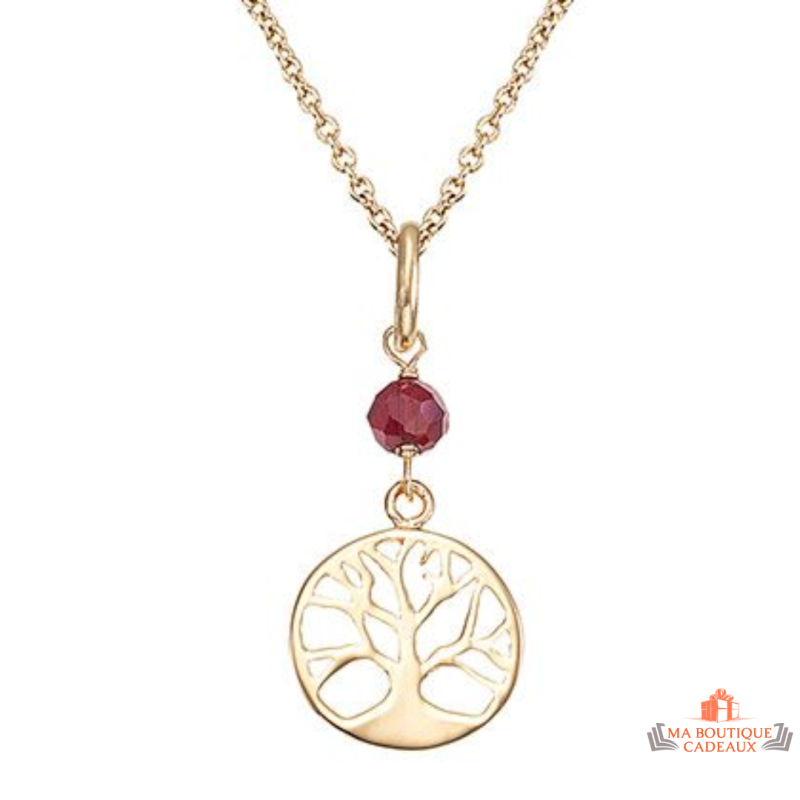 Collier Pendentif Arbre de Vie avec Pierre Rouge en Plaqué Or - Carla Nogueres, Garantie 2 ans