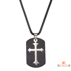 Carla Nogueres Collier Pendentif Plaque Militaire Croix en Acier Noir - Garantie 2 ans