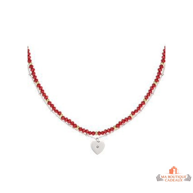 Carla Nogueres Collier Pendentif Perles Verre Rouge et Cœur en Acier - Garantie 2 ans