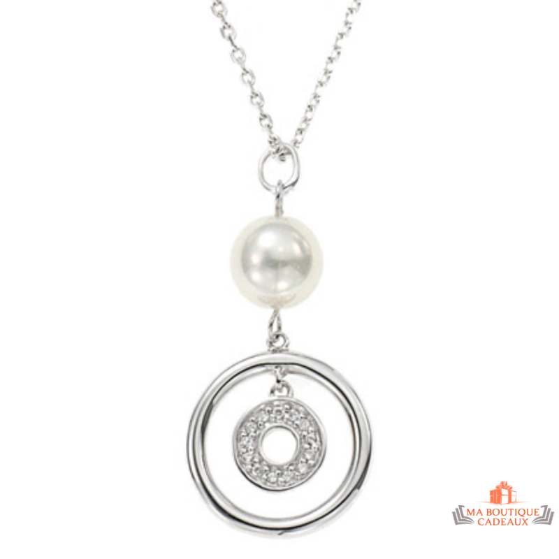 Carla Nogueres Collier Pendentif Argent 925/1000 avec Deux Cercles et Perle d'Imitation Garantie 2 ans