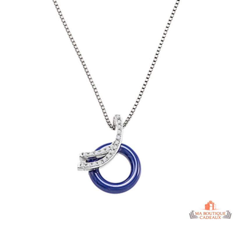 Carla Nogueres Collier Pendentif Argent 925/1000 Cercle en Céramique Bleu Garantie 2 ans