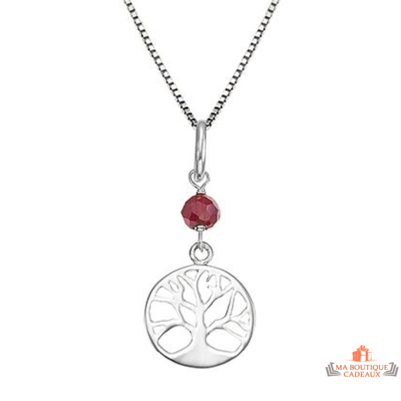 Collier Pendentif Arbre de Vie en Argent 925/1000 avec Pierre Rouge Carla Nogueres Garantie 2 ans