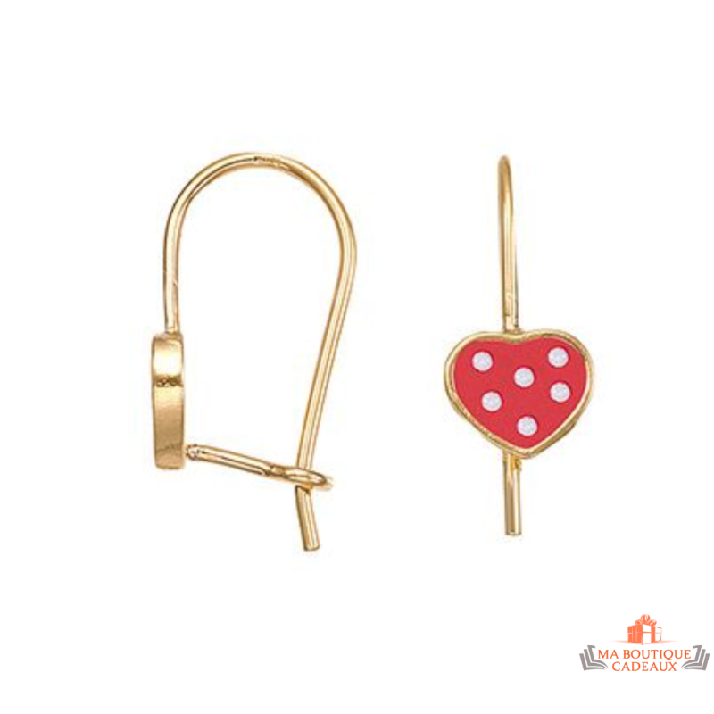 Boucles d'oreilles en plaqué or motif cœur rouge avec points blancs - Carla Nogueres - Garantie 2 ans