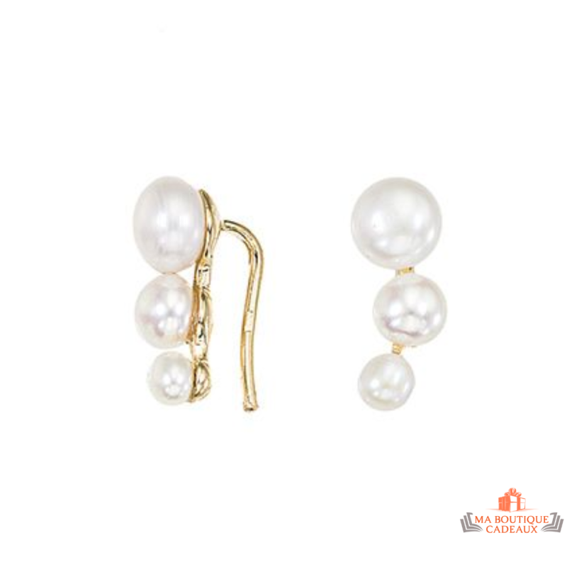 Boucles d'Oreilles en Plaqué Or avec Trois Perles d'Imitation Carla Nogueres Garantie 2 ans