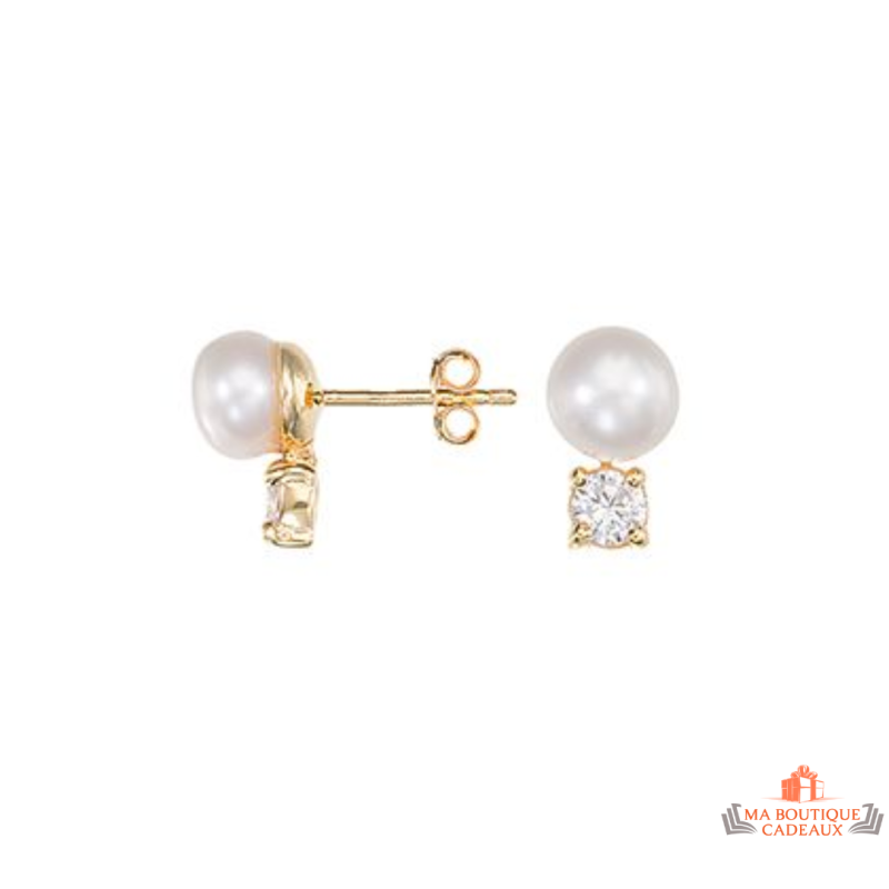 Boucles d'Oreilles en Plaqué Or avec Perle d'Imitation et Solitaire en Oxyde de Zirconium Carla Nogueres Garantie 2 ans