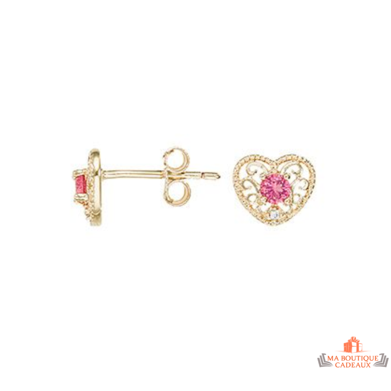 Boucles d'Oreilles en Plaqué Or avec Cœur en Oxyde de Zirconium Rouge Carla Nogueres Garantie 2 ans