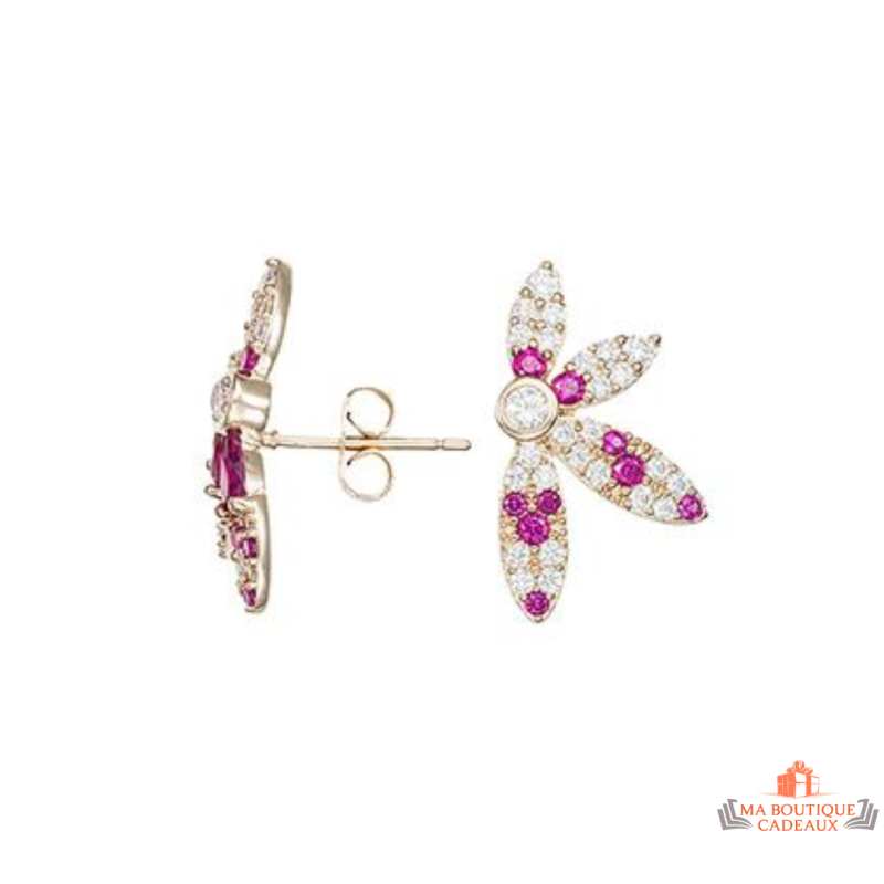 Boucles d'Oreilles Plaqué Or Carla Nogueres Garantie 2 ans avec Motif Demi-Fleur Pétales Roses