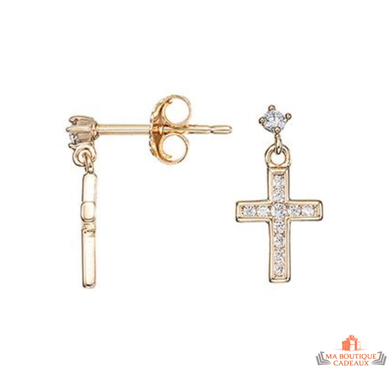 Boucles d'Oreilles Plaqué Or Motif Croix en Oxyde de Zirconium Carla Nogueres Garantie 2 Ans