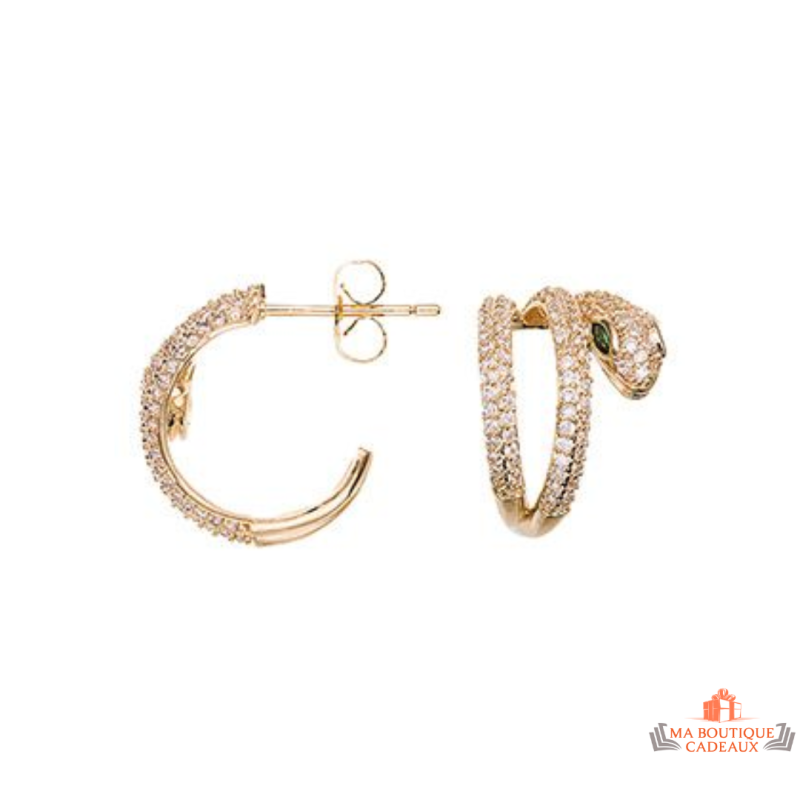Boucles d'Oreilles Plaqué Or Motif Serpent avec Yeux en Émeraude de Carla Nogueres - Garantie 2 ans
