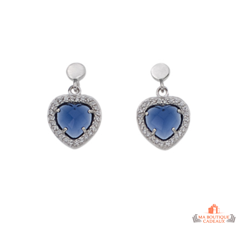 Boucles d'oreilles en argent 925/1000 avec cœur en pierre bleue entouré d'oxyde de zirconium - Carla Nogueres - Garantie 2 ans