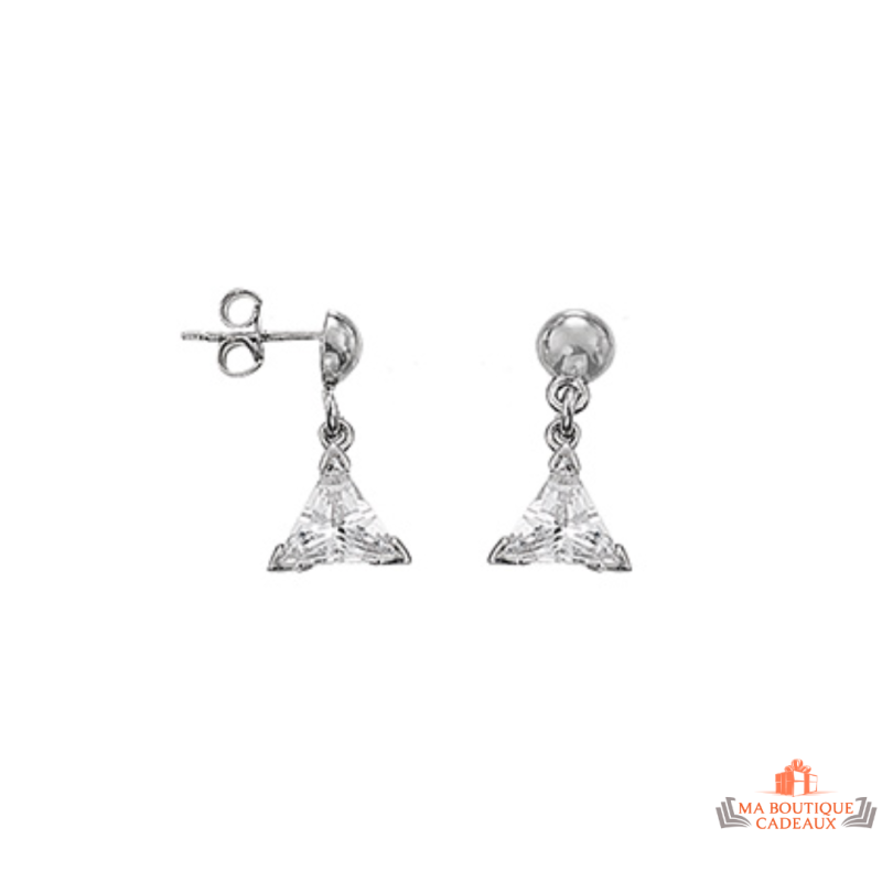Boucles d'oreilles en argent 925/°° motif triangle oxyde de zirconium, fermoir papillons, marque Carla Nogueres, garantie 2 ans