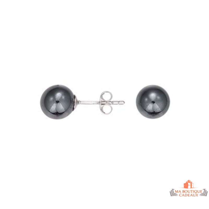 Boucles d'oreilles en argent 925/°° avec perle grise 5 mm, fermoir papillons, marque Carla Nogueres, garantie 2 ans