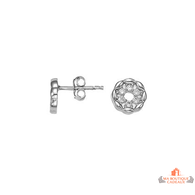 Boucles d'oreilles en argent 925/°° motif rosace en oxyde de zirconium, fermoir papillons, marque Carla Nogueres, garantie 2 ans