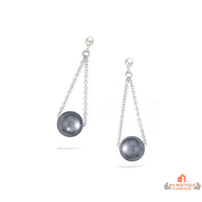 Boucles d'oreilles pendantes Carla Nogueres en argent 925/°° avec perle grise d'imitation, garantie 2 ans