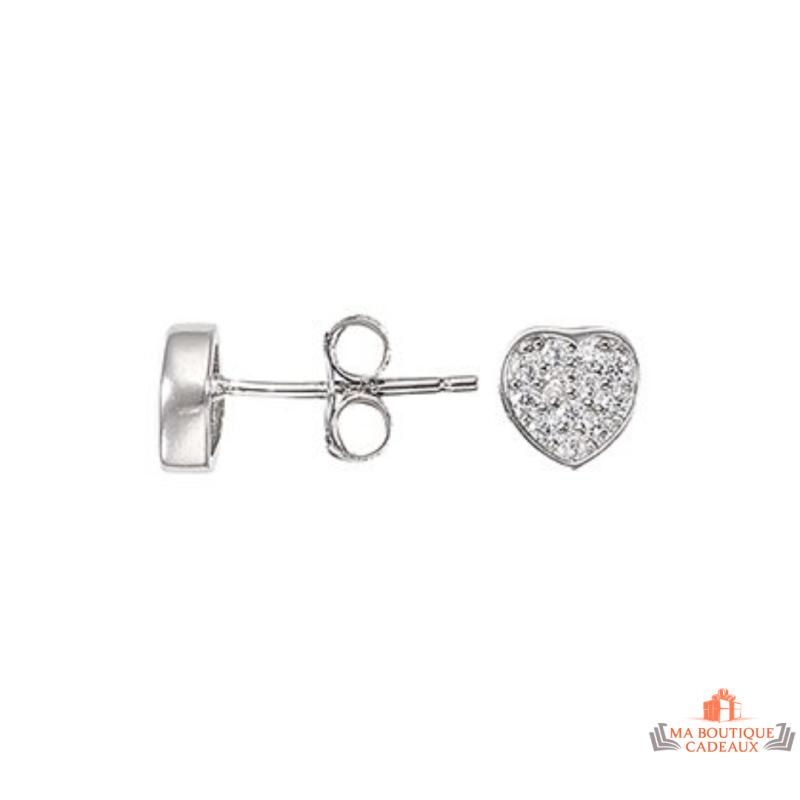 Boucles d'oreilles en argent 925/°° motif cœur en oxyde de zirconium Carla Nogueres, fermoir papillons, garantie 2 ans