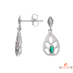 Boucles d'oreilles pendantes en argent 925/°° Carla Nogueres avec feuille et pierre verte, garantie 2 ans.