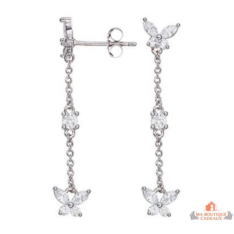 Boucles d'oreilles pendantes en argent 925/°° Carla Nogueres avec papillons en zirconium, garantie 2 ans.