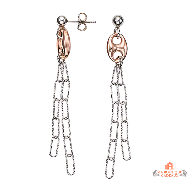 Boucles d'oreilles pendantes en argent rosé 925/°° Carla Nogueres avec chaînes, garantie 2 ans.