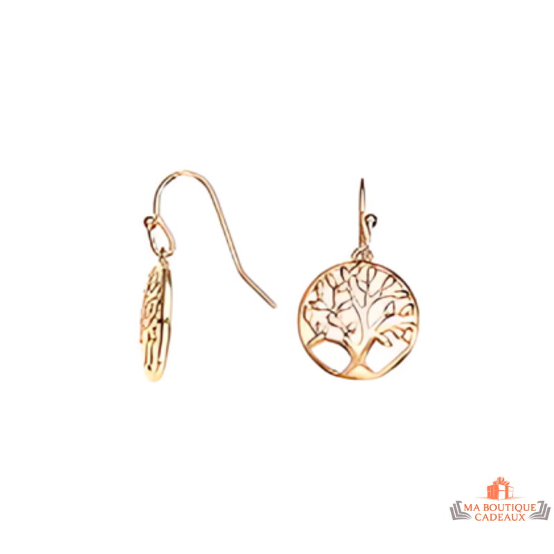 Boucles d'oreilles en plaqué or Carla Nogueres avec motif arbre de vie, garantie 2 ans.