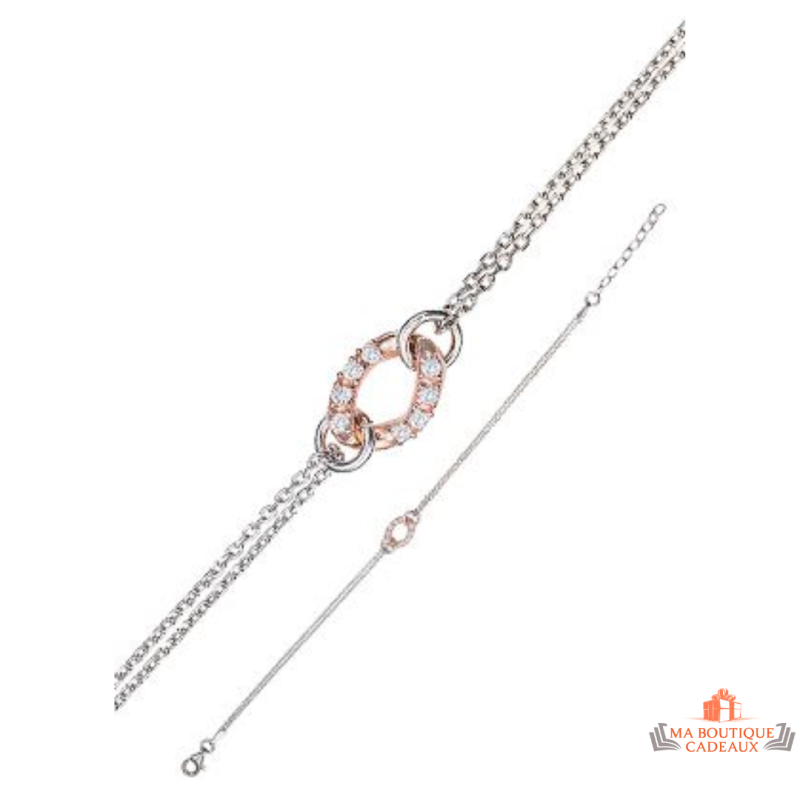 Bracelet en argent 925/°° avec anneau argent rosé et zirconium, Carla Nogueres, Garantie 2 ans