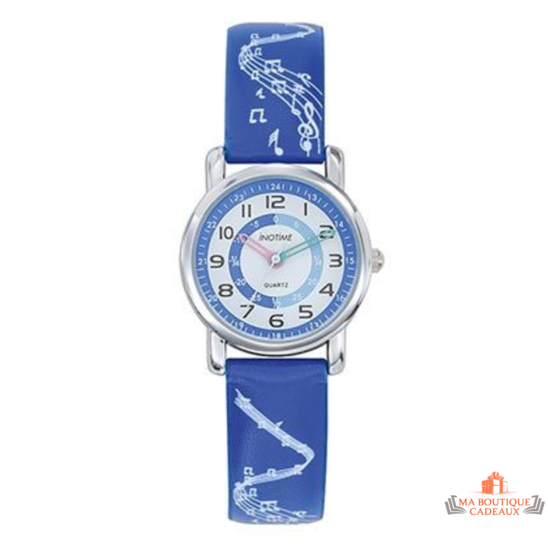 Montre Enfant Inotime - Apprentissage de l'Heure - Bracelet Notes de Musique Bleu Moyen - Garantie 2 Ans