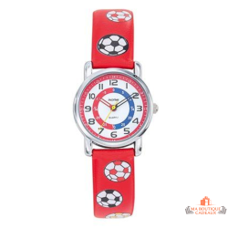 Montre Enfant Inotime - Apprentissage de l'Heure - Bracelet Ballons de Football Rouge - Garantie 2 Ans