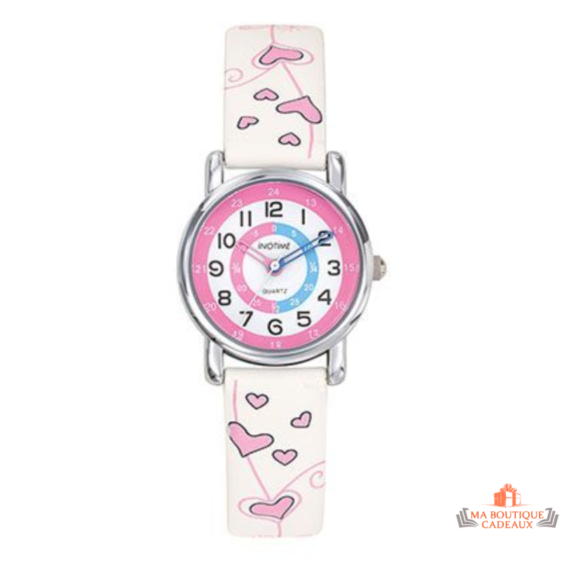 Montre Enfant Inotime - Apprentissage de l'Heure - Bracelet Cœurs Blanc - Garantie 2 Ans