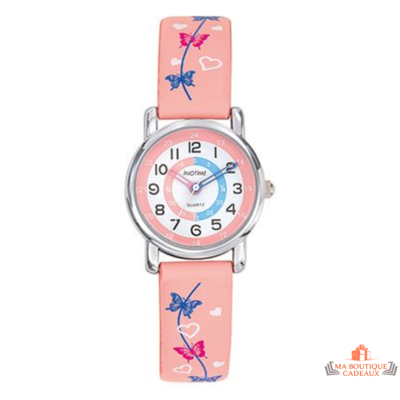 Montre Enfant Inotime - Apprentissage de l'Heure - Bracelet Cœurs Rose Clair - Garantie 2 Ans