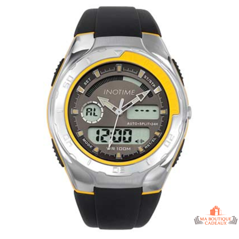 Montre Homme Inotime - LCD Grise avec Bracelet Noir et Accents Jaunes - Garantie 2 Ans