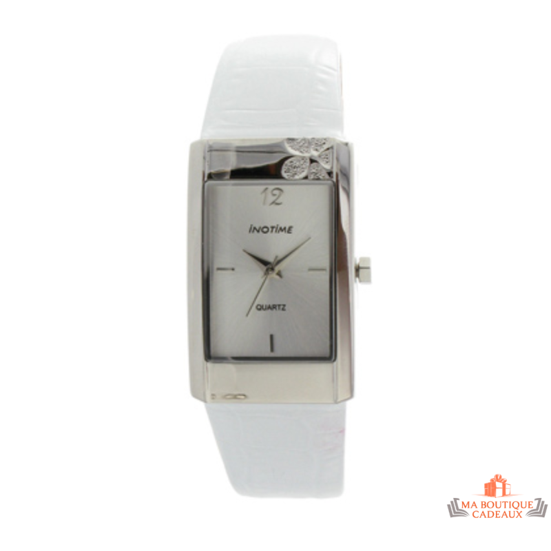 Montre Femme Inotime - Bracelet Synthétique Blanc avec Cadran Rectangulaire et Motif Fleur - Garantie 2 Ans