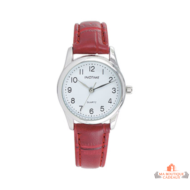 Montre femme Inotime avec bracelet synthétique rouge, cadran blanc, mouvement MORIOKA PC21, garantie 2 ans.