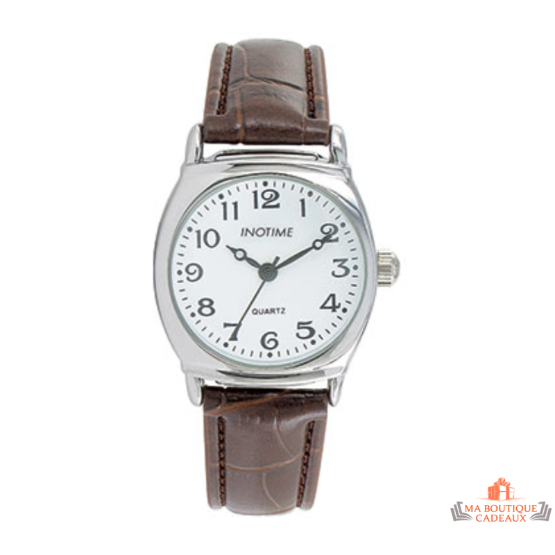 Montre femme Inotime avec bracelet synthétique marron, cadran blanc, mouvement MORIOKA PC21, garantie 2 ans.