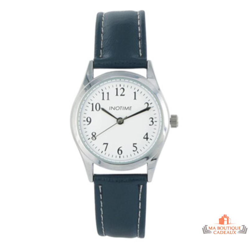 Montre femme Inotime avec bracelet synthétique bleu foncé, cadran blanc, mouvement MORIOKA PC21, garantie 2 ans.