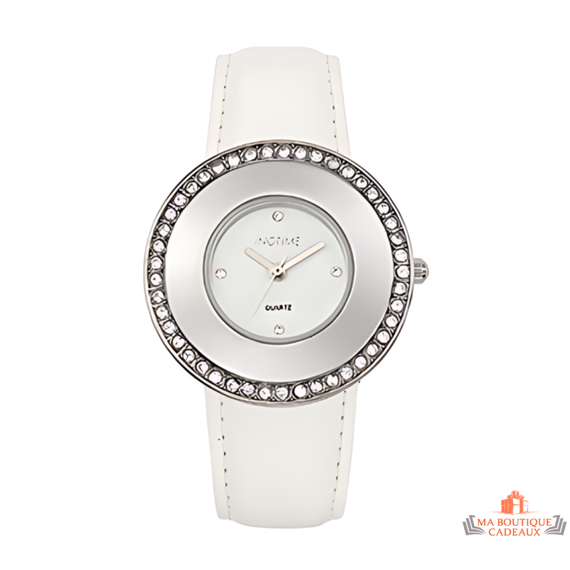 Montre Femme Inotime avec Bracelet Synthétique Blanc et Tour de Cadran en Oxyde de Zirconium - Garantie 2 ans