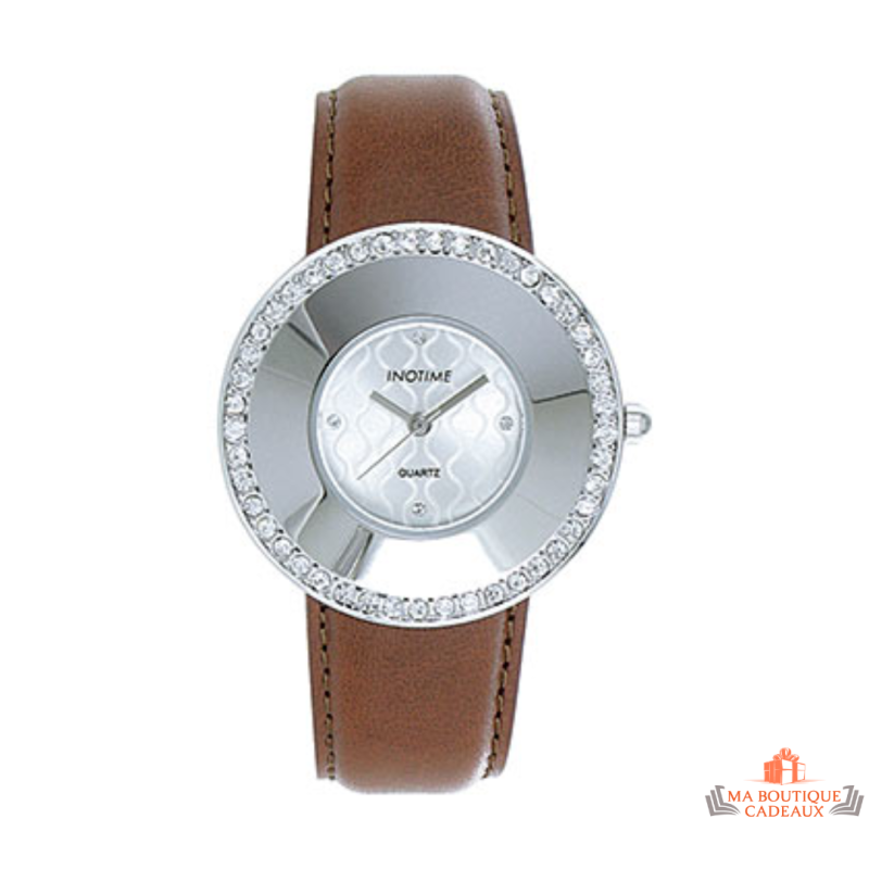 Montre Femme Inotime avec Bracelet Synthétique Marron et Tour de Cadran en Oxyde de Zirconium - Garantie 2 ans