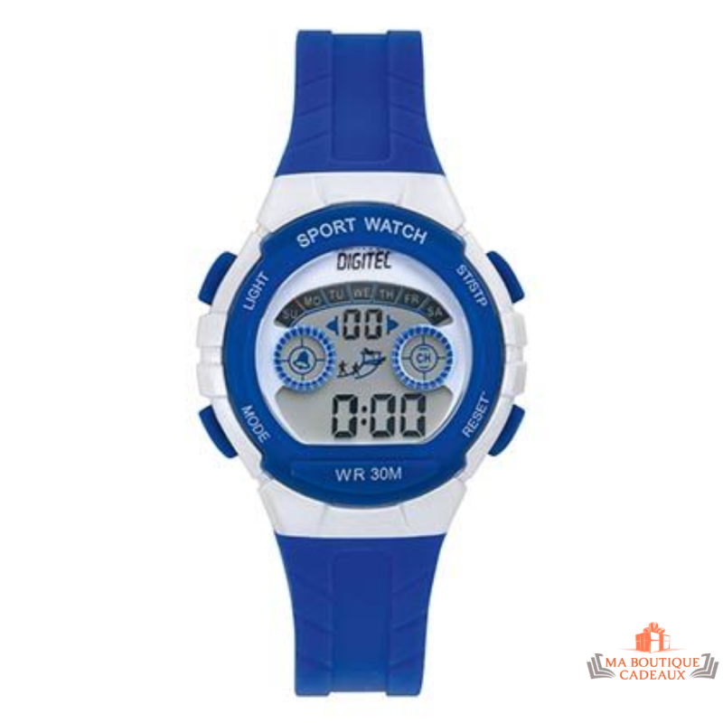 Montre femme Inotime LCD avec bracelet plastique bleu, cadran digital argenté, garantie 2 ans.