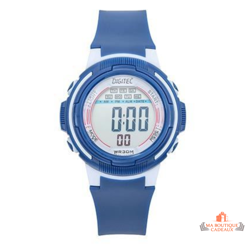 Montre femme Inotime LCD avec bracelet bleu foncé, cadran digital argenté, garantie 2 ans.