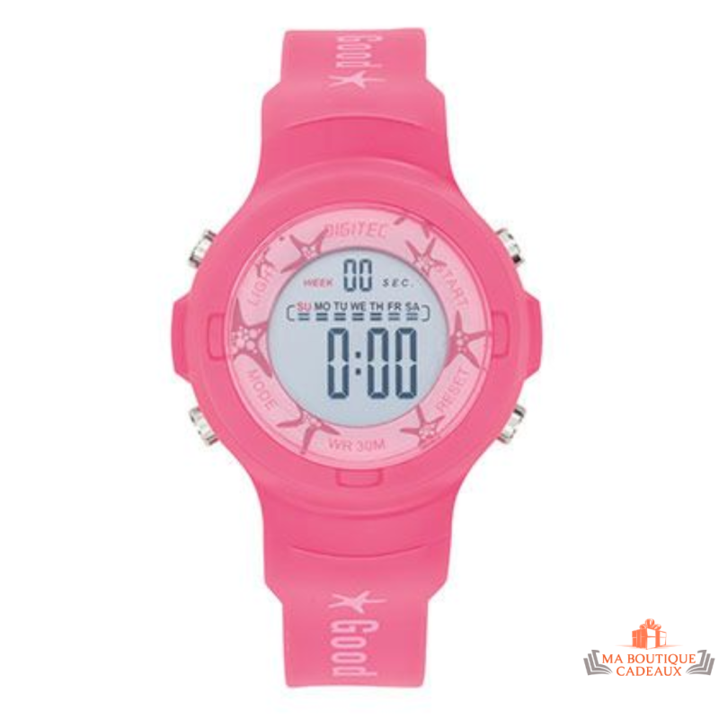 Montre femme Inotime LCD avec bracelet plastique rose, cadran digital assorti, garantie 2 ans.