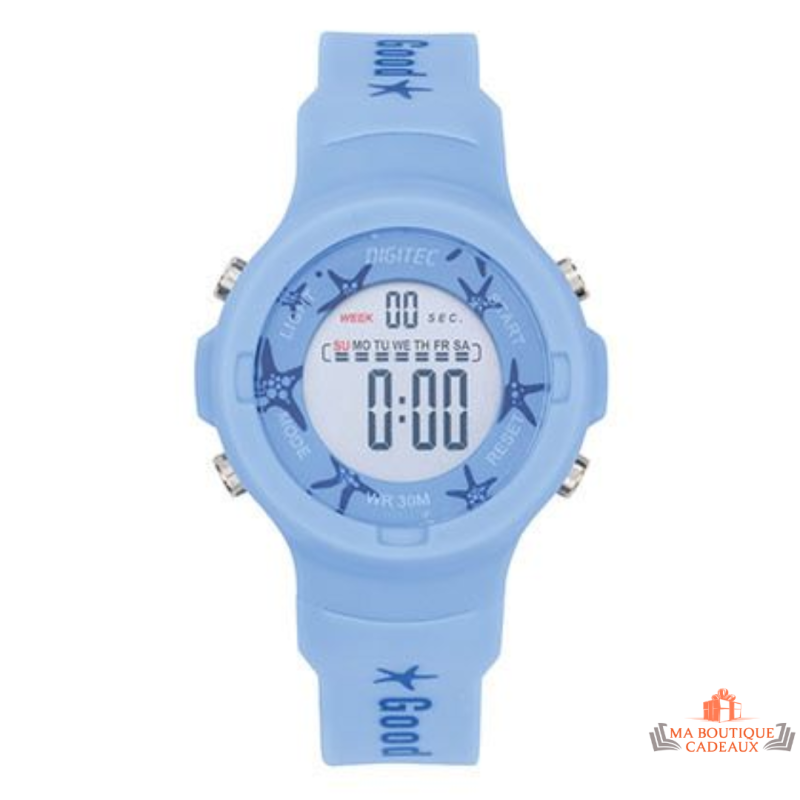 Montre femme Inotime LCD avec bracelet plastique bleu clair, cadran digital assorti, garantie 2 ans.