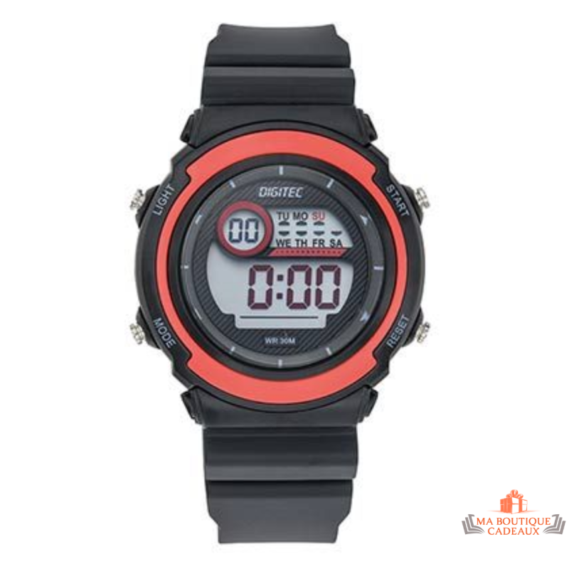 Montre femme Inotime LCD avec bracelet plastique noir, lunette rouge, cadran digital noir, garantie 2 ans.