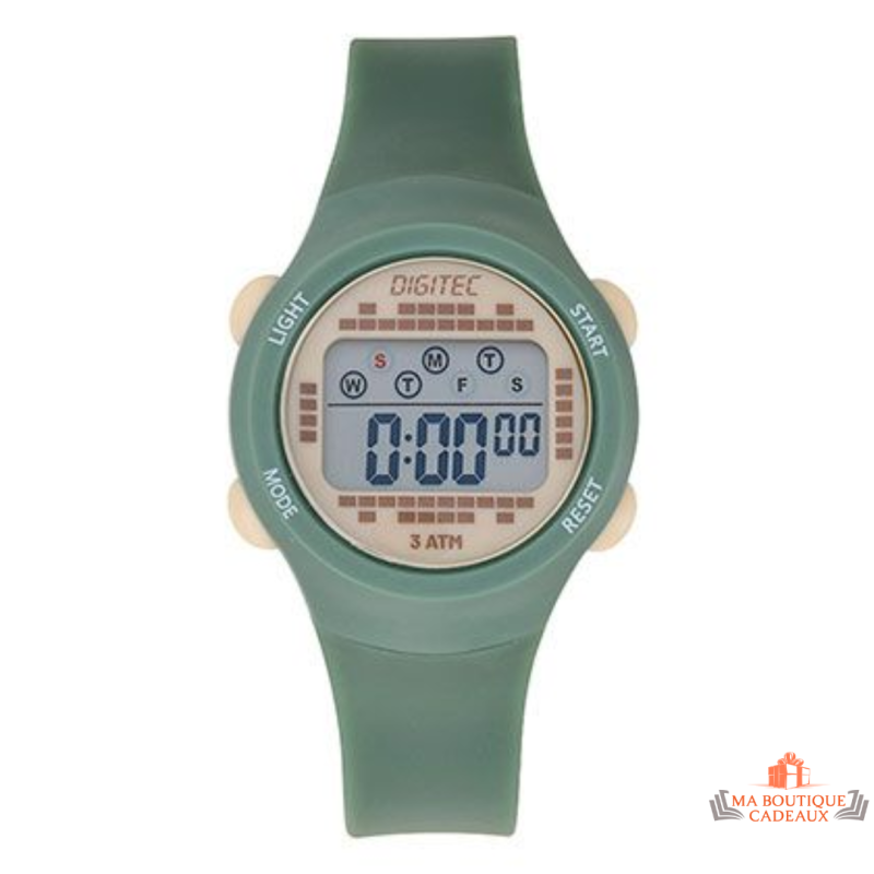 Montre femme Inotime LCD avec bracelet vert moyen, cadran digital beige, garantie 2 ans.