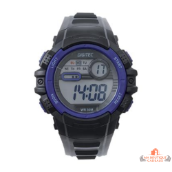 Montre homme Inotime LCD avec bracelet plastique noir, cadran digital noir, lunette bleu foncé, garantie 2 ans.