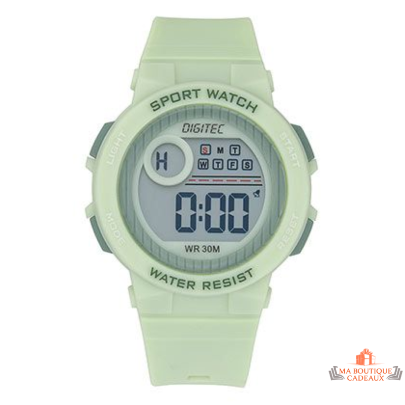 Montre unisexe Inotime LCD avec bracelet vert clair, cadran digital assorti, étanchéité 3 ATM, garantie 2 ans.