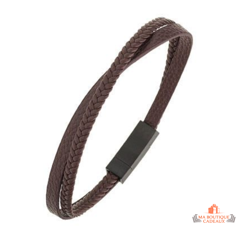 Bracelet Carla Nogueres en acier et cuir marron, garanti 2 ans.