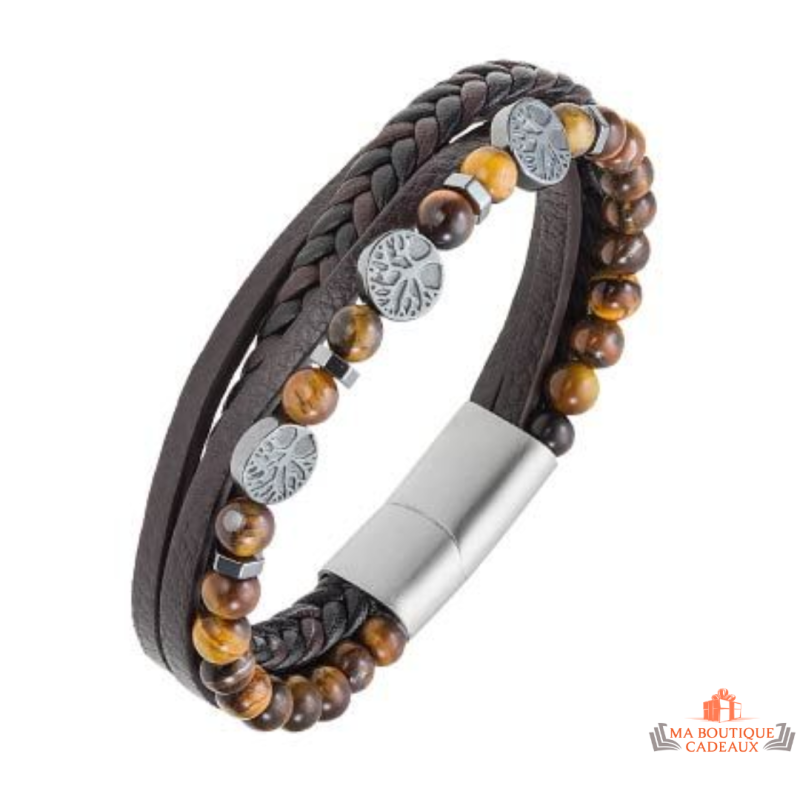 Bracelet Carla Nogueres en acier, cuir et perles imitation avec motif arbre de vie, garanti 2 ans.