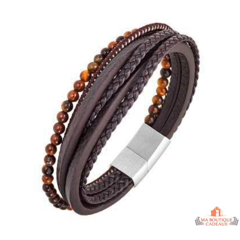 Bracelet Carla Nogueres en acier, cuir, et perles imitation marron, garanti 2 ans.